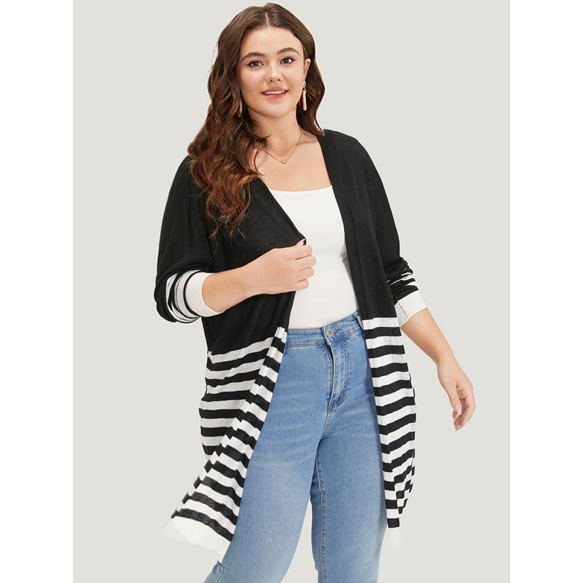 Plus Size Supersoft Essentials Striped Open Front Cardigan Black Women Casual Loose Long Sleeve Dailywear Cardigans BloomChic 28/5X Product Image