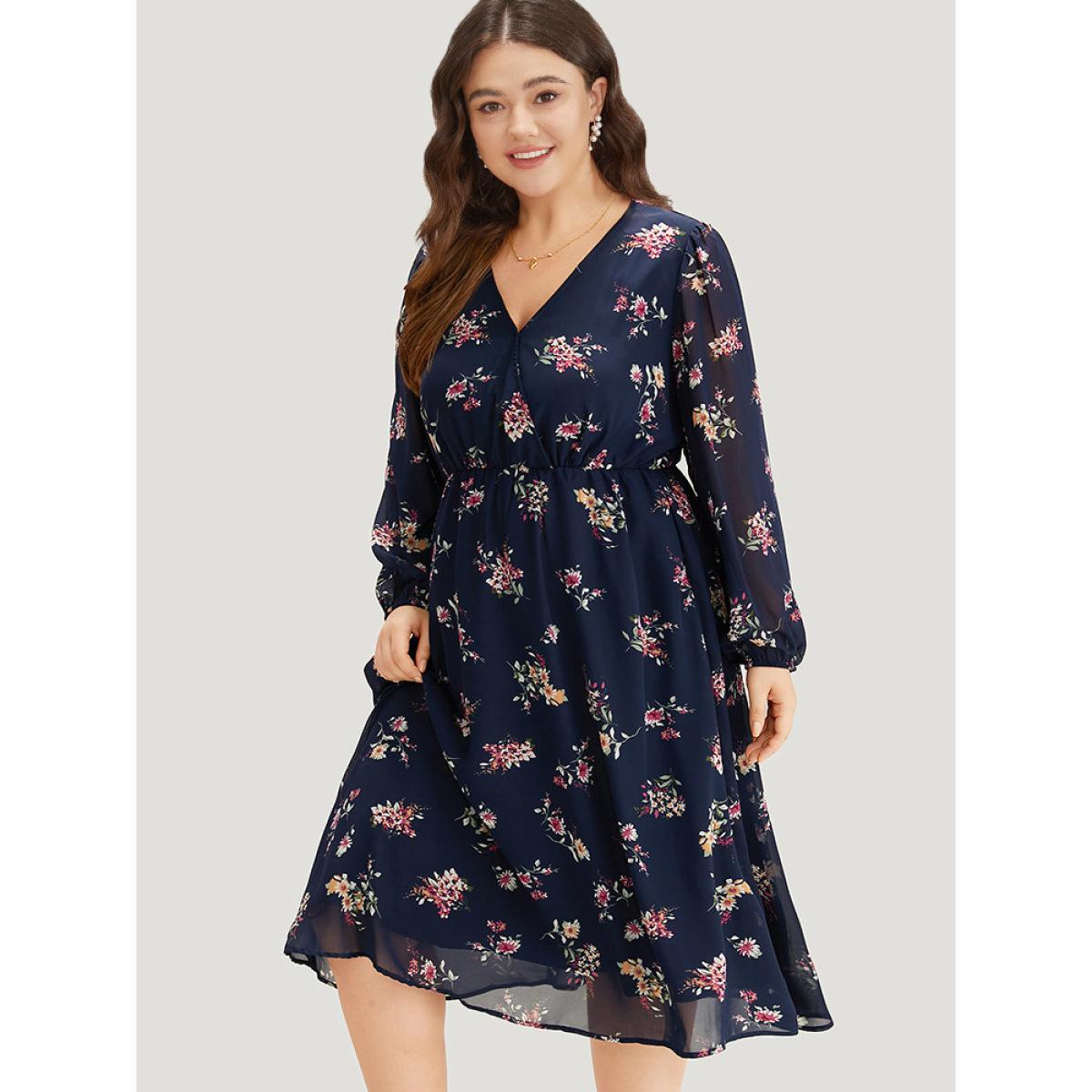 Plus Size Floral Print Surplice Neck Lantern Sleeve Mesh Dress DarkBlue Women Elegant Elastic cuffs V-neck Long Sleeve Curvy Midi Dress BloomChic 12/L Product Image