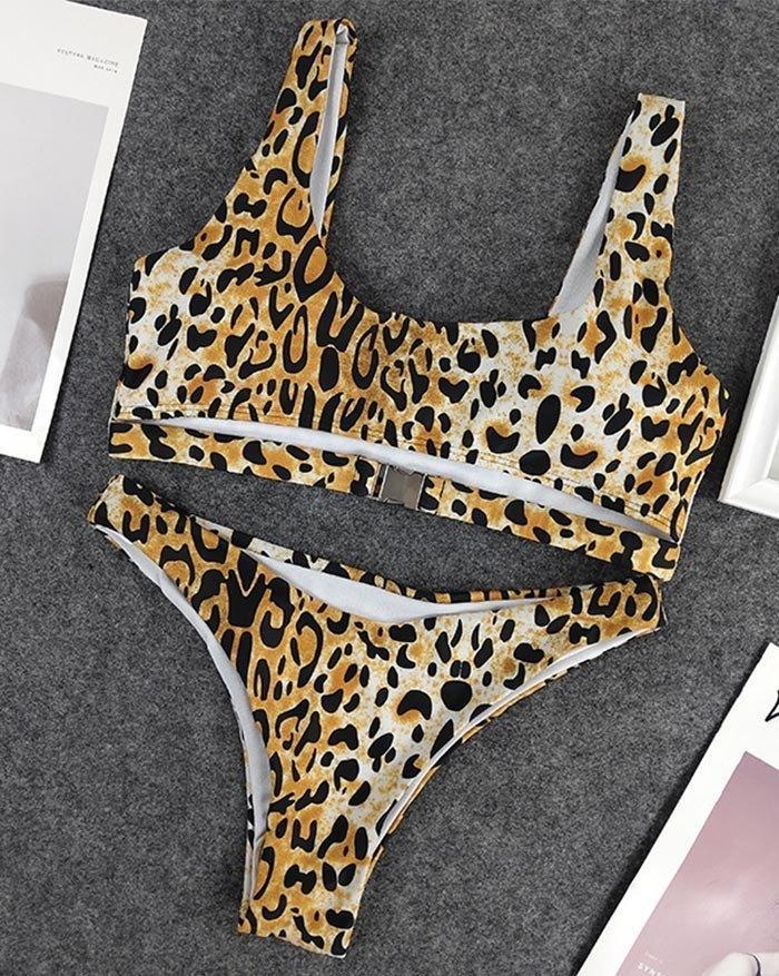 Leopard Print Hollow Out Metal Button Triangle Bikini Product Image