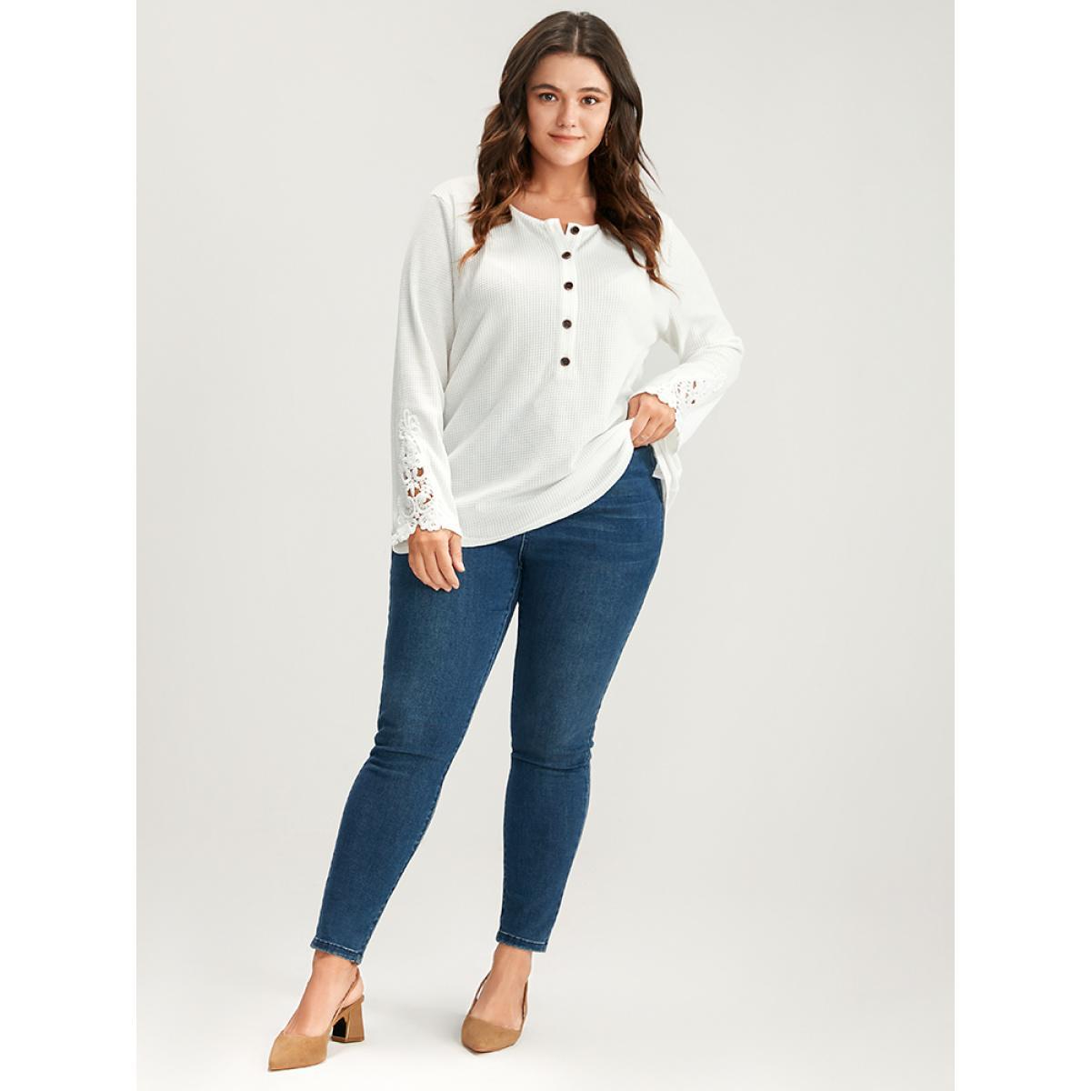 Plus Size Solid Button Up Waffle Knit Long Tee White Women Elegant Plain Plain Round Neck Dailywear T-shirts BloomChic 12/L Product Image