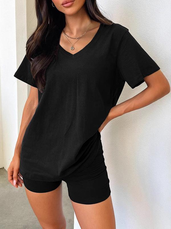 Loose Short Sleeves Solid Color Split-Joint V-Neck T-Shirt + Shorts Two Pieces Set Product Image