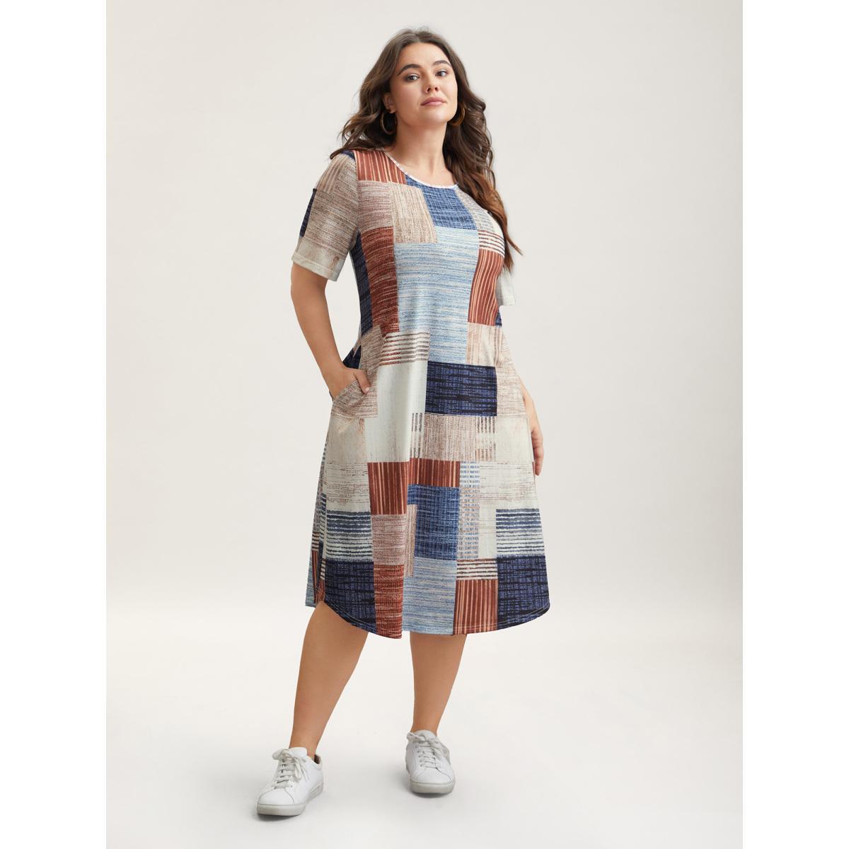 Plus Size Abstract Print Round Neck Flared Midi Dress Multicolor Women Casual Non Knit Dresses Bloomchic 22-24/3X Product Image