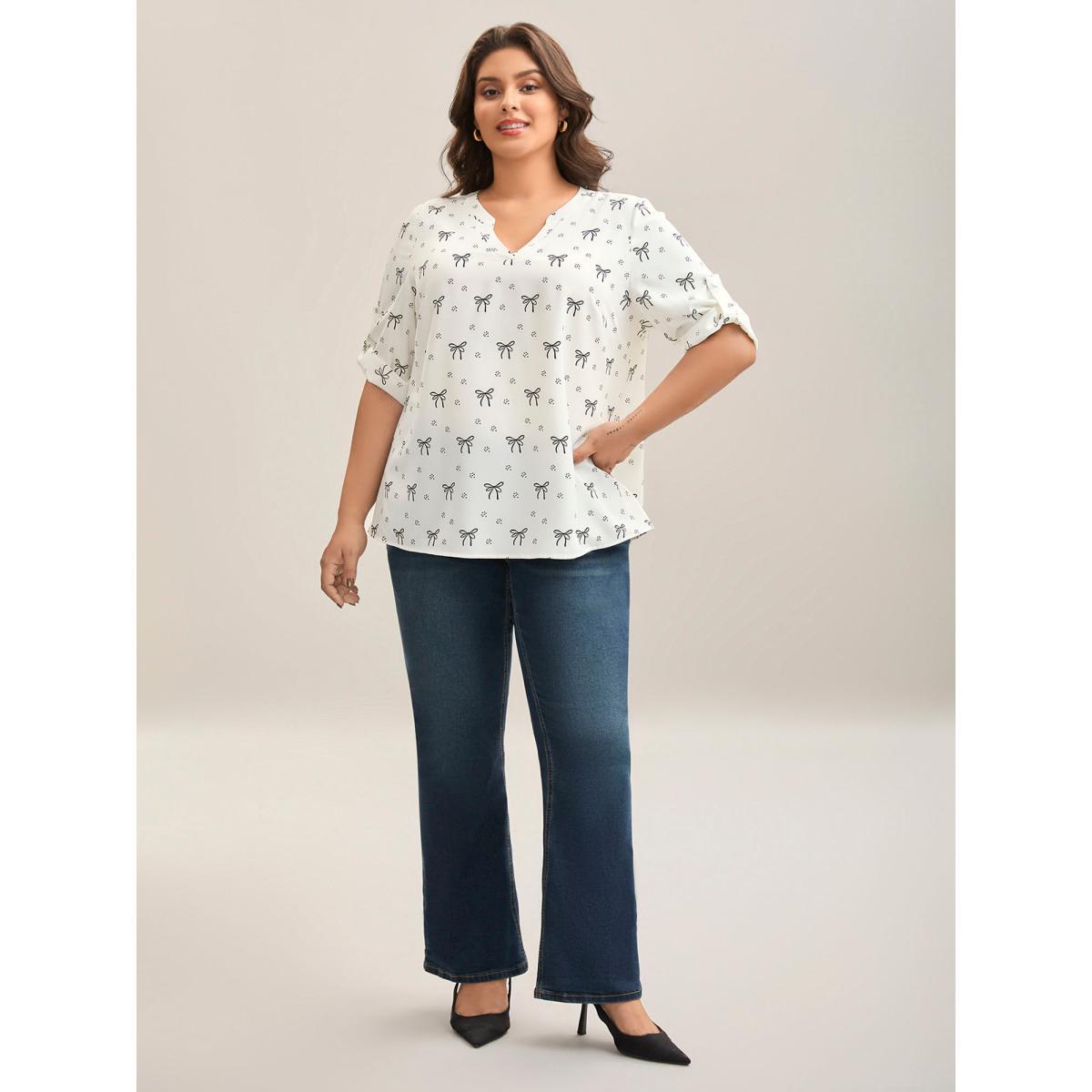 Plus Size Originalwhite Bow Fun Print Notched Collar Shirt Women Elbow-length sleeve Notched collar Work Blouses BloomChic 18-20/2X Product Image