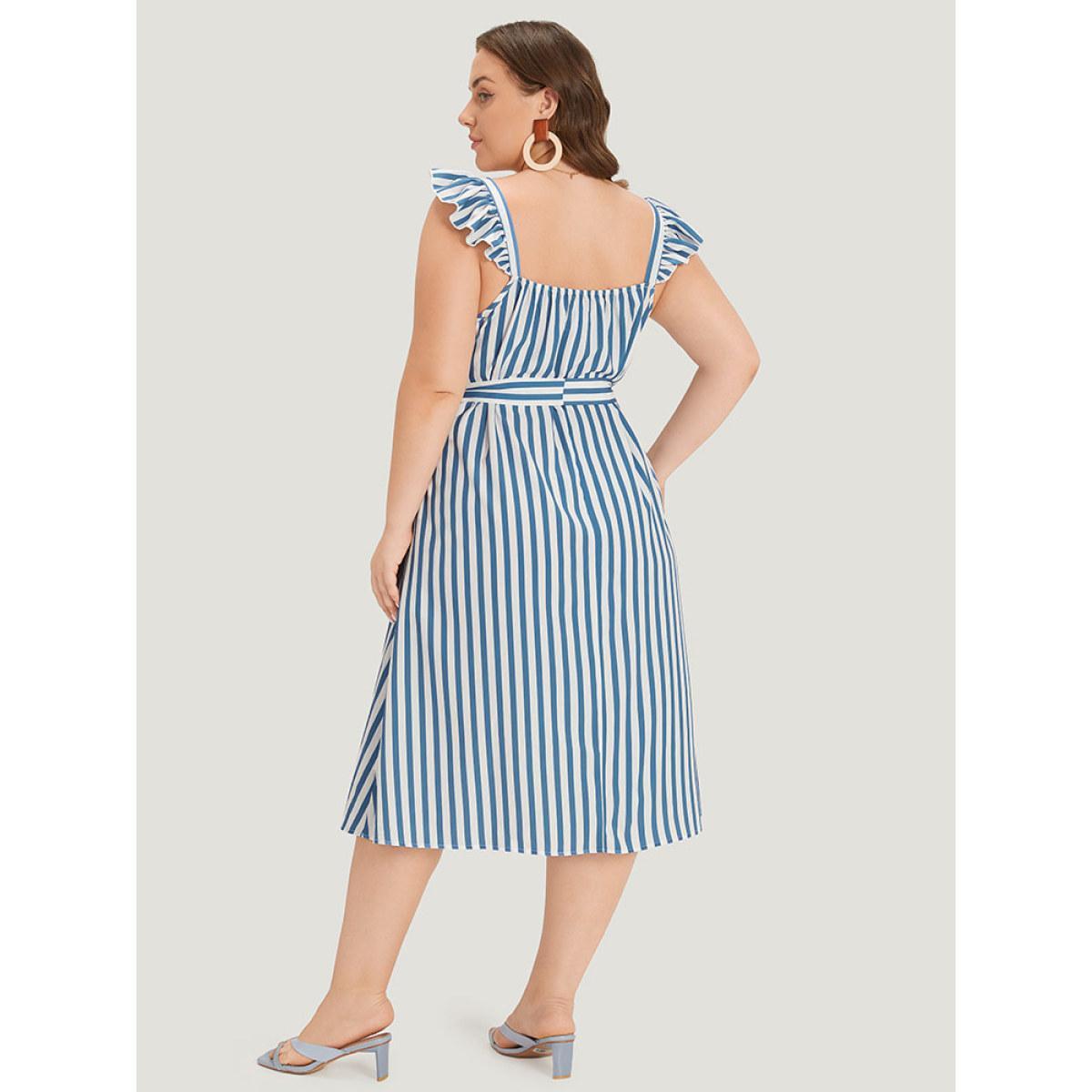 Plus Size Striped Ruffle Trim Button Detail Belted Dress Blue Women Elegant Belted V-neck Cap Sleeve Curvy Midi Dress BloomChic 12/L Product Image