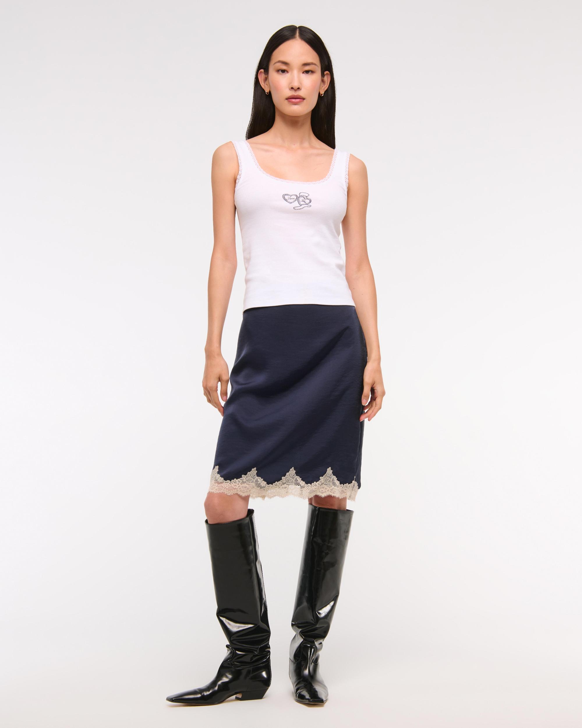 High Rise Satin Lace-Hem Midi Skirt Product Image