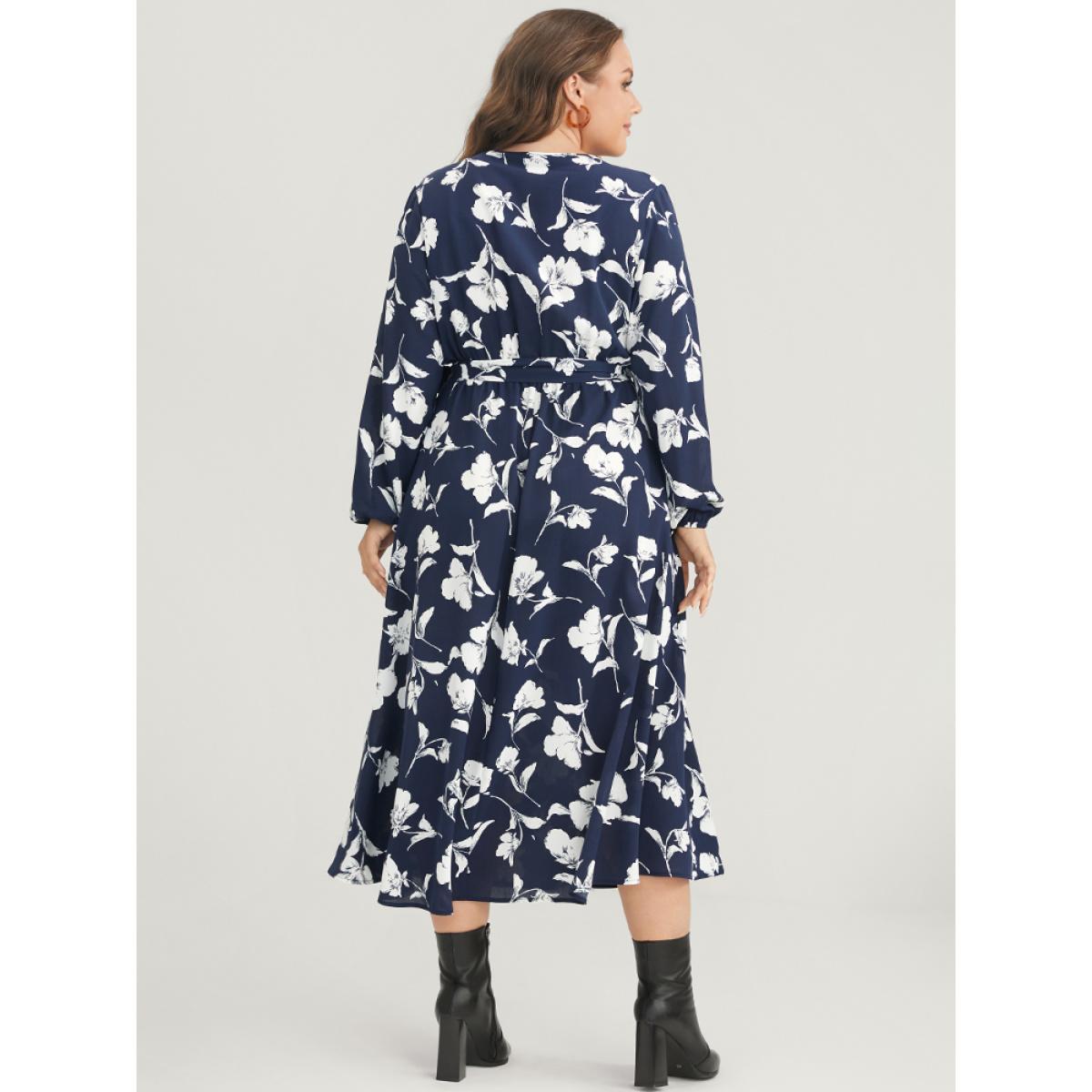 Plus Size Floral Pocket Surplice Neck Belted Midi Dress DarkBlue Women Casual Belted V-neck Long Sleeve Curvy Midi Dress BloomChic 30/6X Product Image