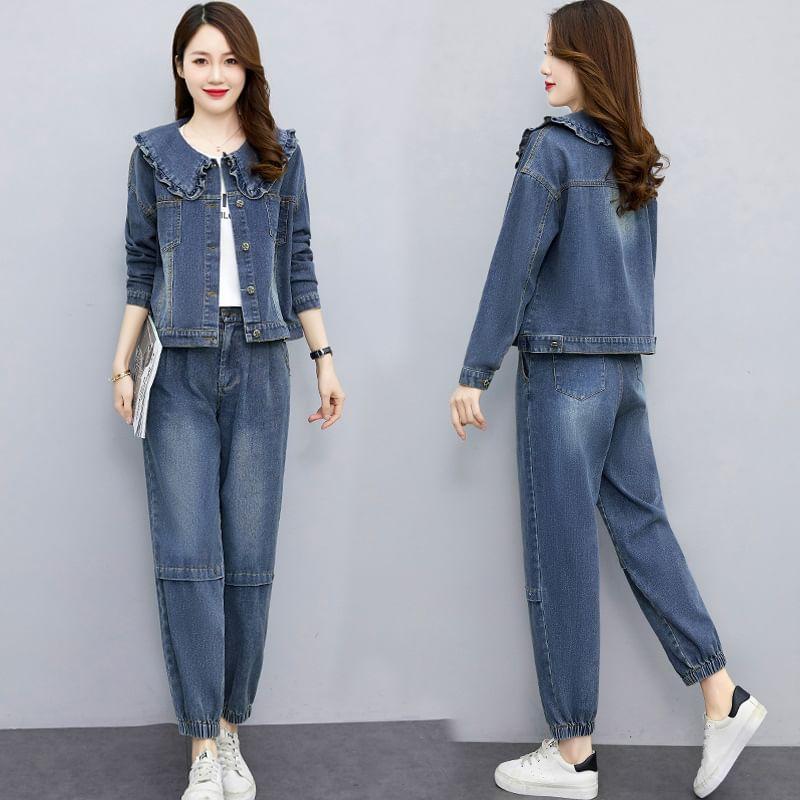 Set: Washed Denim Single-Breasted Jacket + High Rise Cropped Harem Jeans Product Image