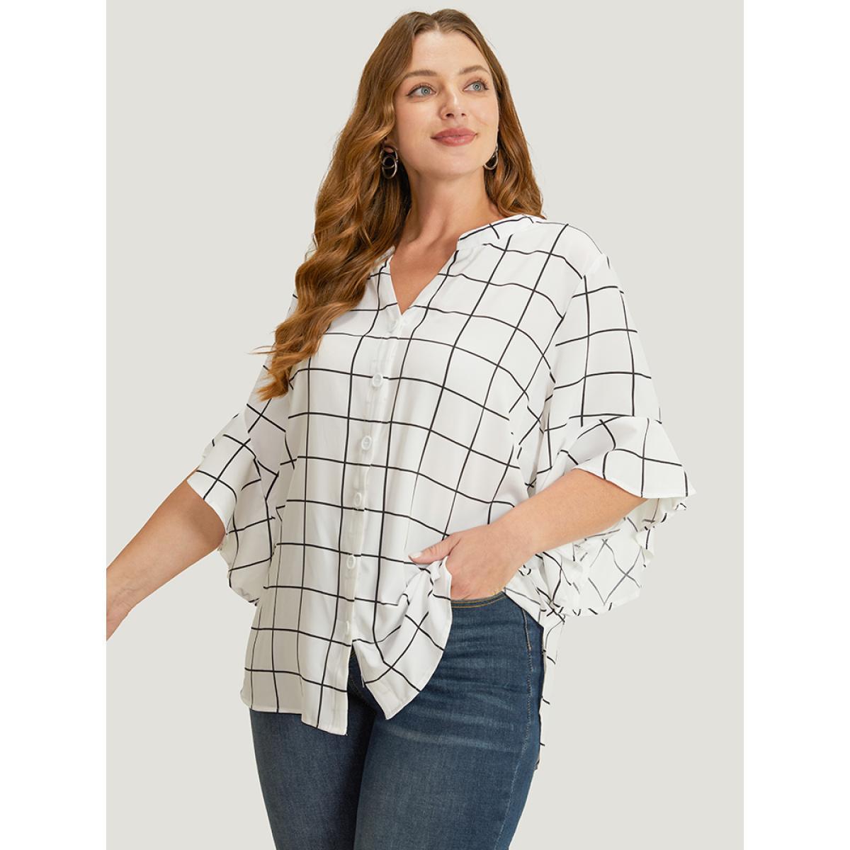 Plus Size White Plaid Notched Button Up Ruffle Sleeve Split Hem Blouse Women Office Elbow-length sleeve Notched collar Office Blouses BloomChic 28/5X Product Image