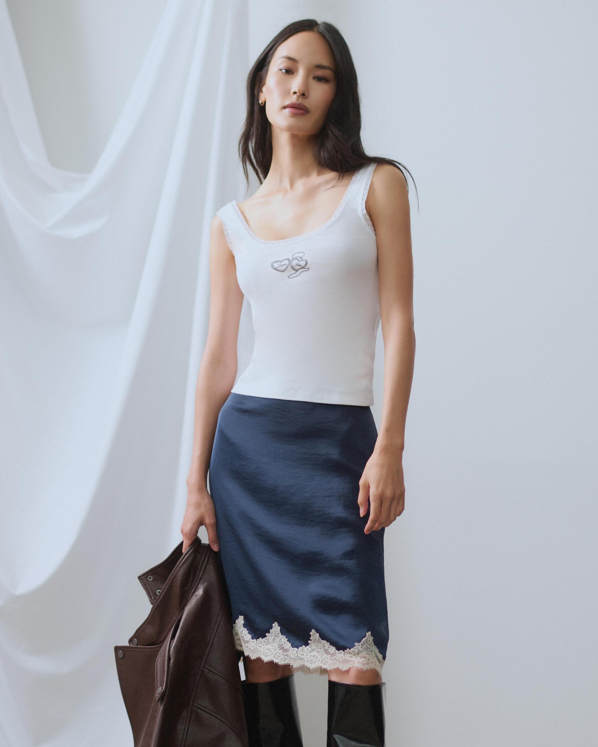 High Rise Satin Lace-Hem Midi Skirt Product Image