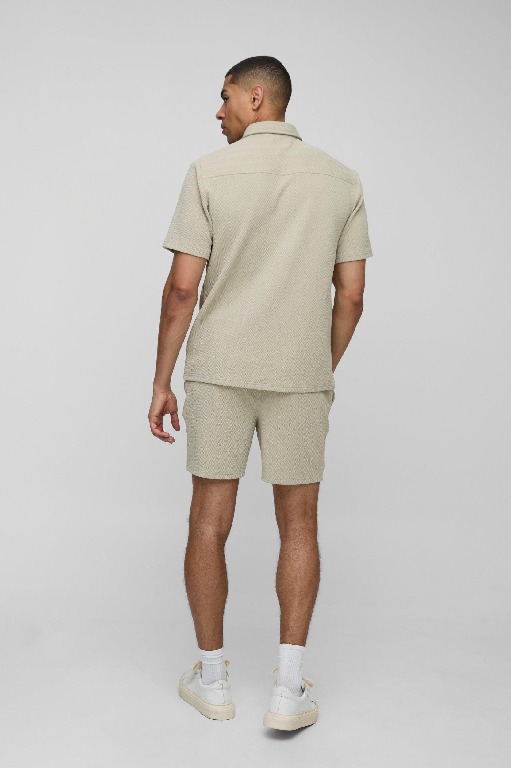 Regular Fit Jersey Herringbone Shirt And Short Set | boohooMAN USA Product Image