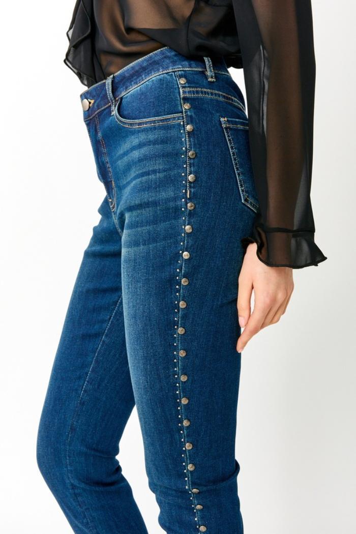 Denim jean with gromet and crystals down side Product Image