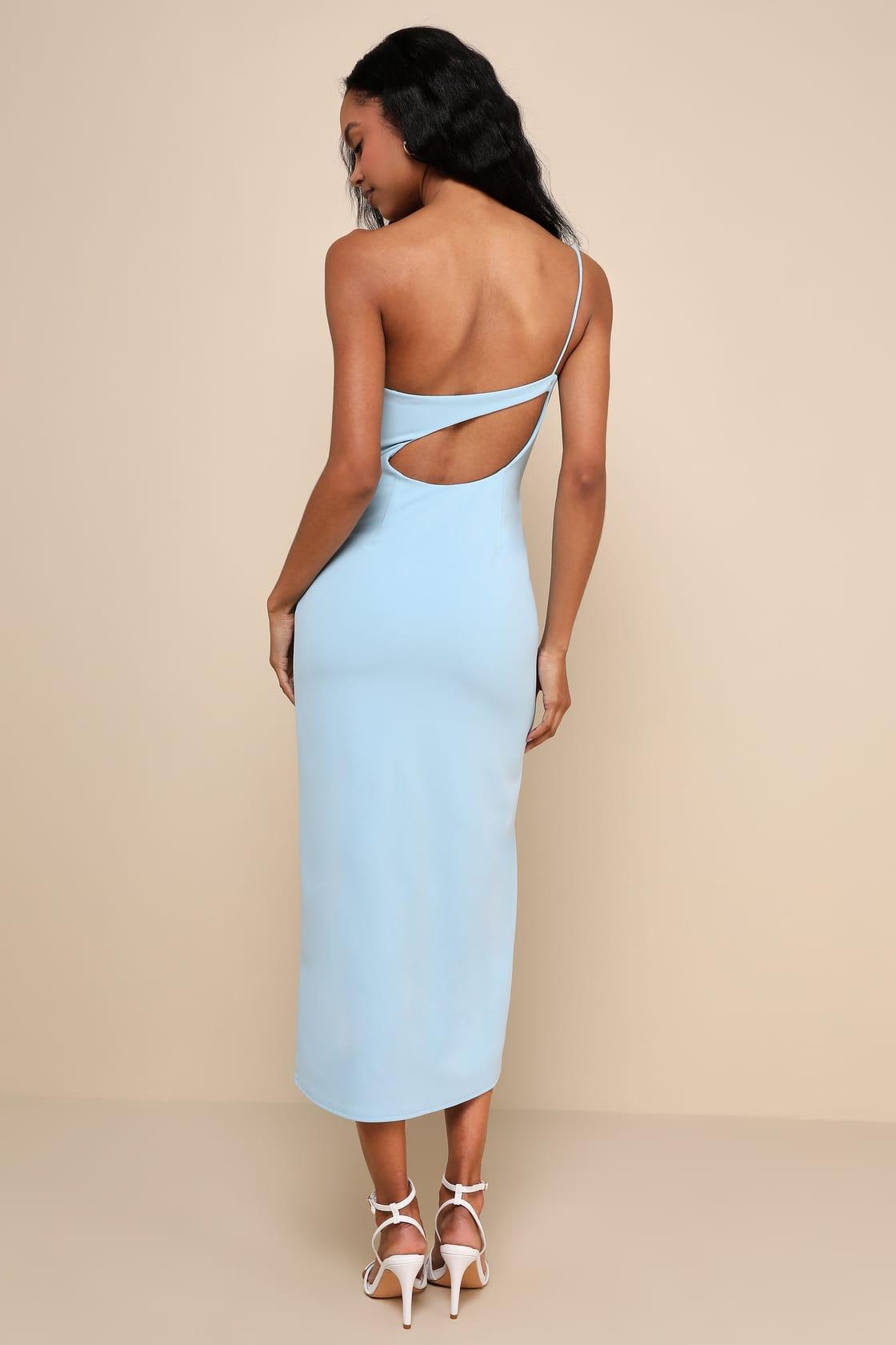 Flattering Finesse Light Blue Cutout One-Shoulder Midi Dress Product Image