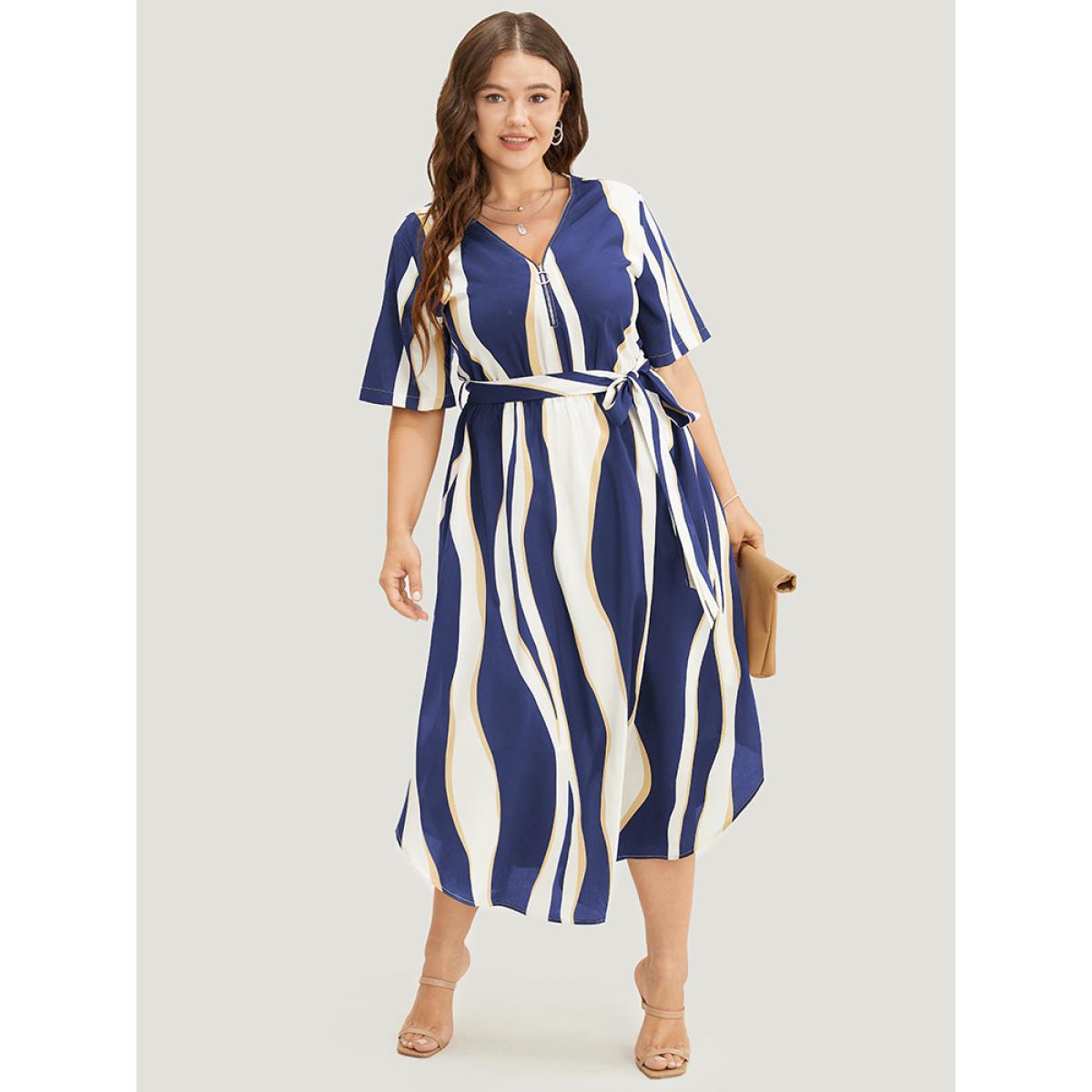 Plus Size Geometric Contrast Pocket Ruffle Belt Half Zipper Arc Hem Dress Navy Women Office Lined V-neck Short sleeve Curvy Midi Dress BloomChic 30/6X Product Image