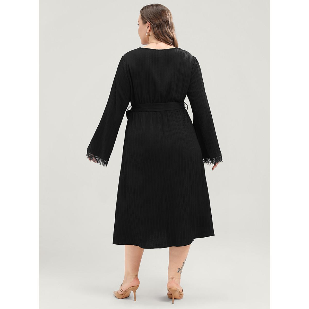 Plus Size Solid Textured Bell Sleeve Pocket Contrast Lace Belted Dress Black Women Elegant Lace V-neck Long Sleeve Curvy Midi Dress BloomChic 28/5X Product Image