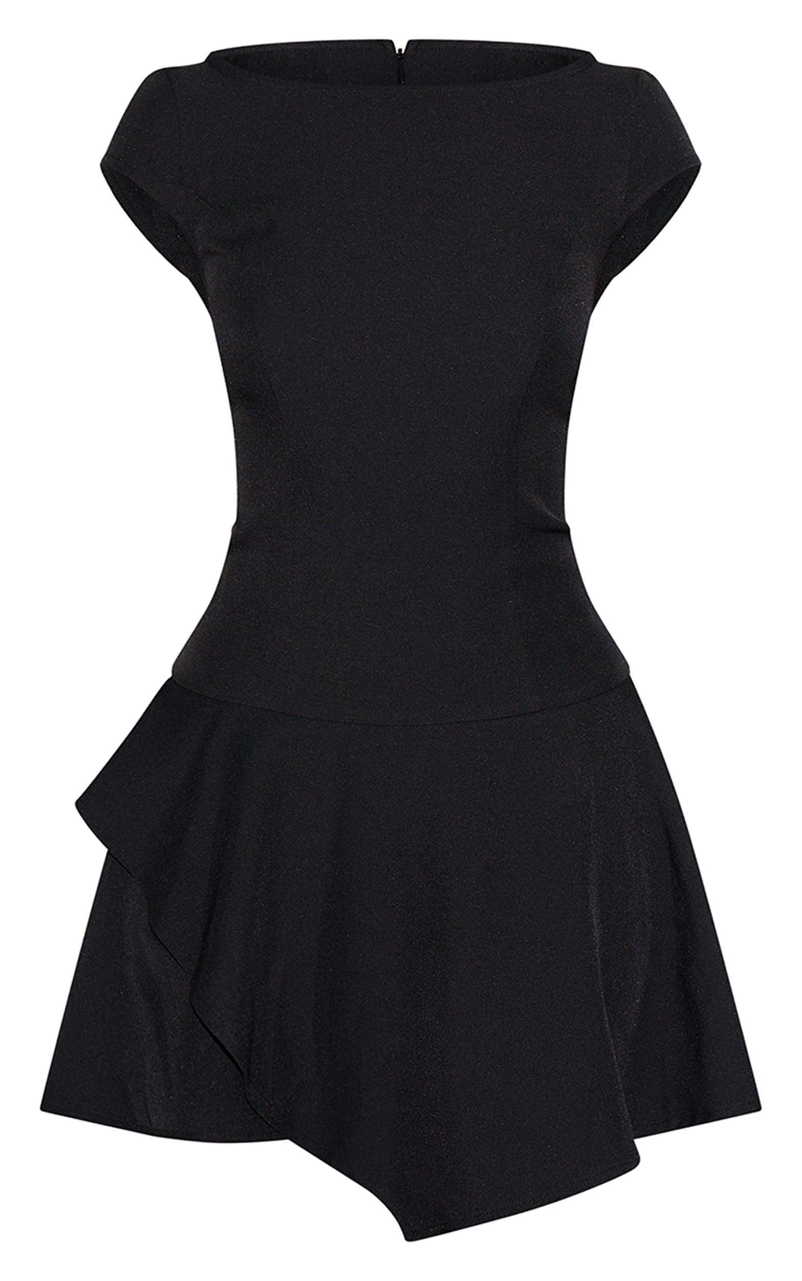 Black Woven Capped Sleeve Asymmetric Layered Shift Dress Product Image