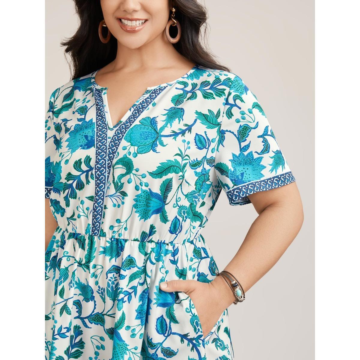 Plus Size Boho Print Notched Collar Midi Dress Teal Women Boho Non Flat collar with V-notch Short sleeve Curvy BloomChic 26/4X Product Image