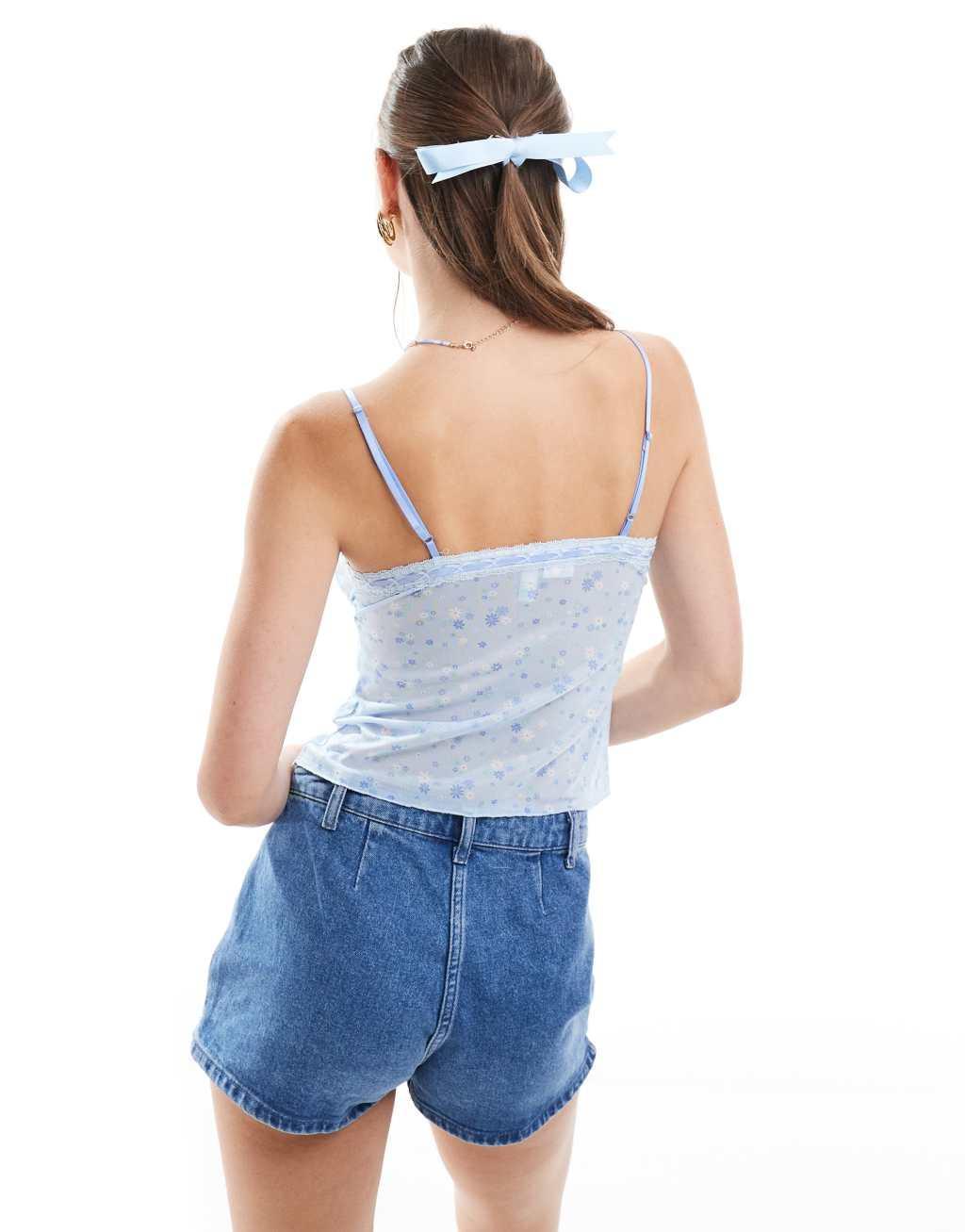 Cotton On mesh cami crop pajama top in blue ditsy  Product Image