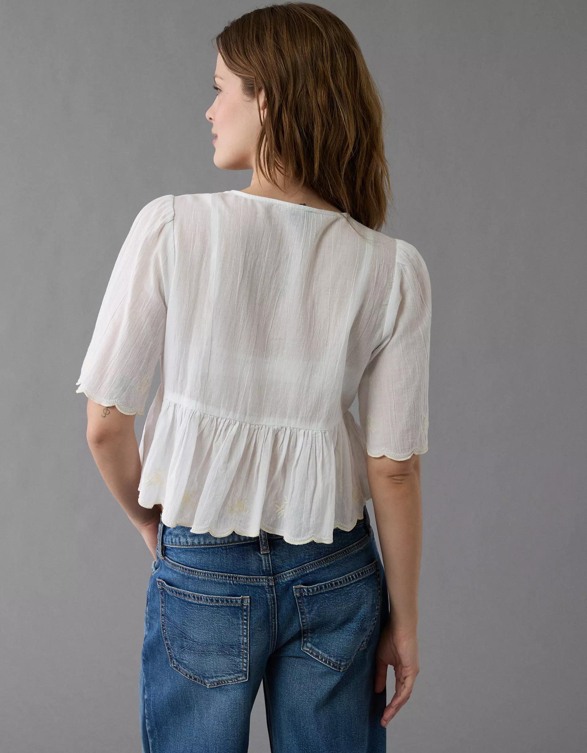 AE Embroidered Tie Front V-Neck Blouse Product Image