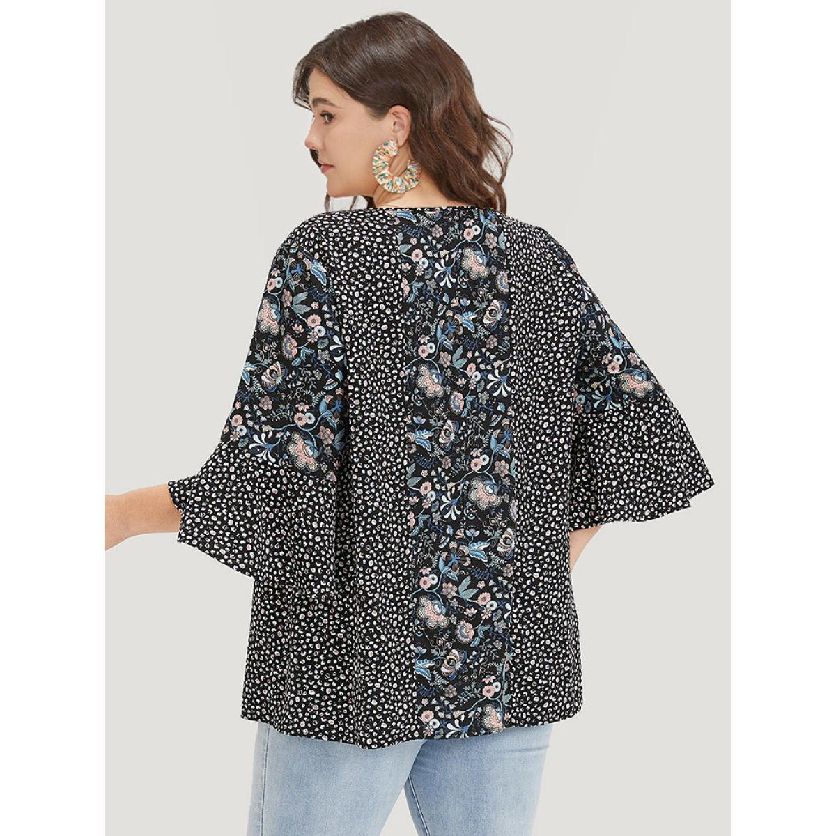 Plus Size BlackFlower Plants Print Patchwork V Neck Bell Sleeve Blouse Women Vacation Elbow-length sleeve V-neck Dailywear Blouses BloomChic 18-20/2X Product Image