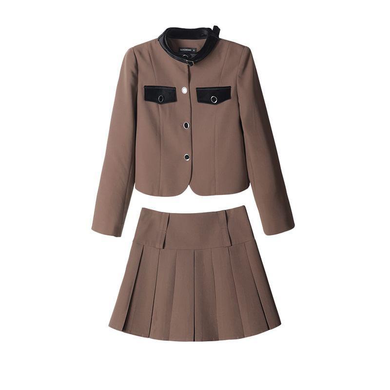 Stand Collar Button-Up Jacket / High Waist Mini Pleated Skirt Product Image