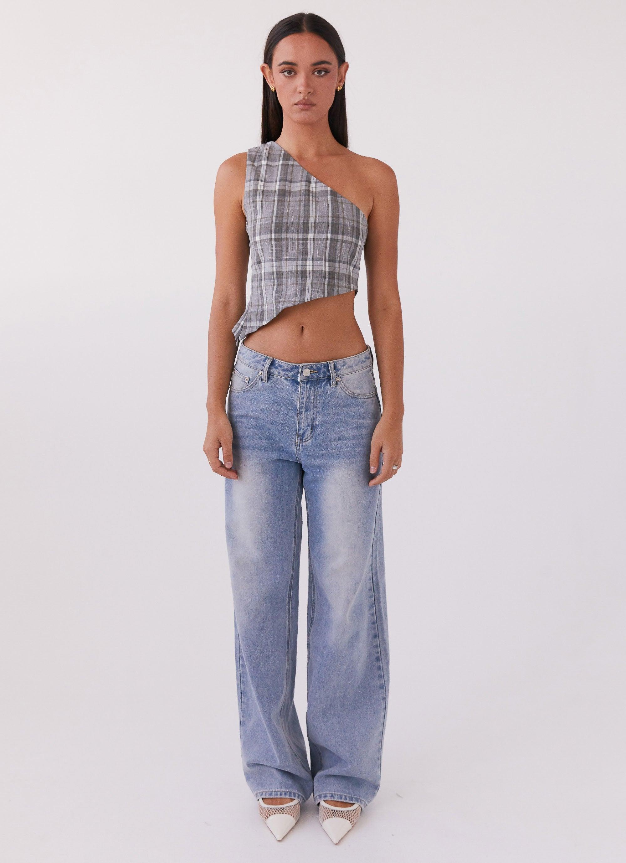 Got Me Started One Shoulder Top - Grey Plaid Product Image