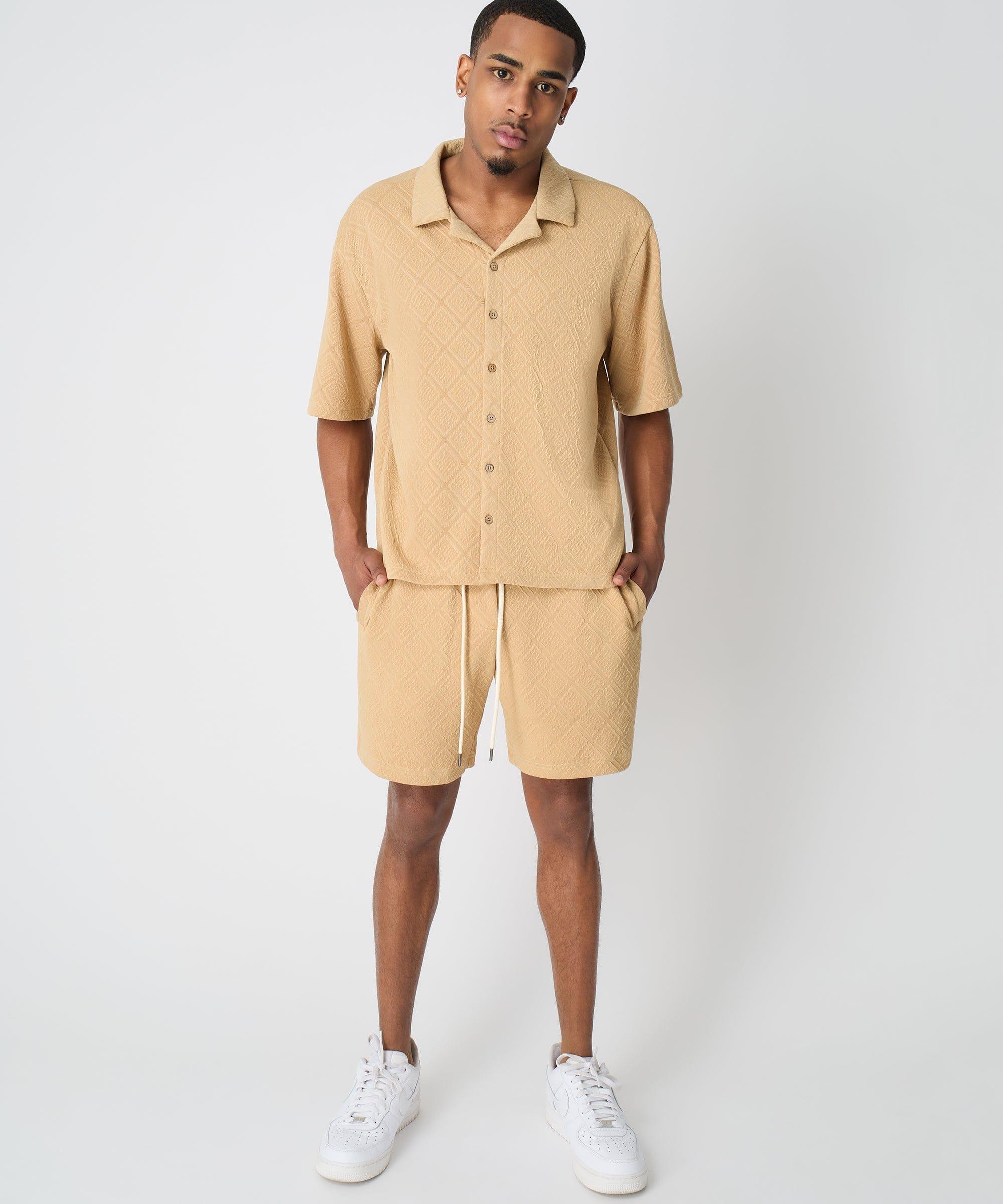 Textured Knit Short Sleeve Button Down Shirt - Taupe Product Image
