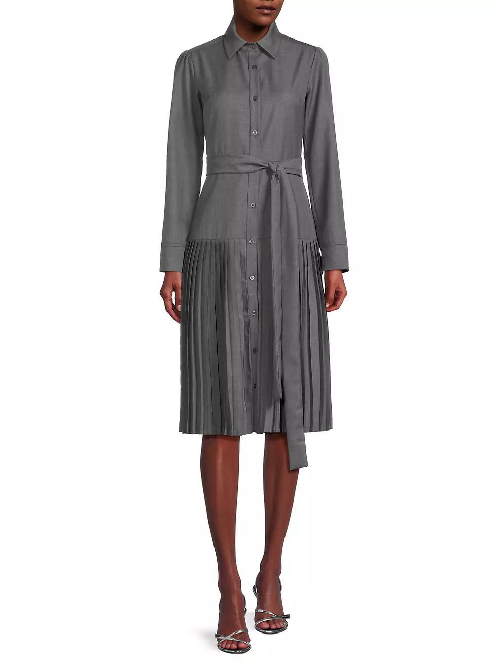 Pleated Wool Long-Sleeve Shirtdress Product Image