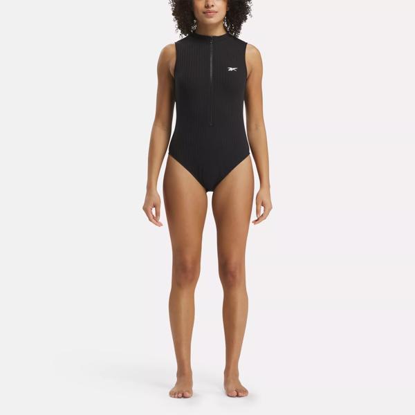 High Neck One Piece Swimsuit with Center-Front Zipper and Collar Product Image