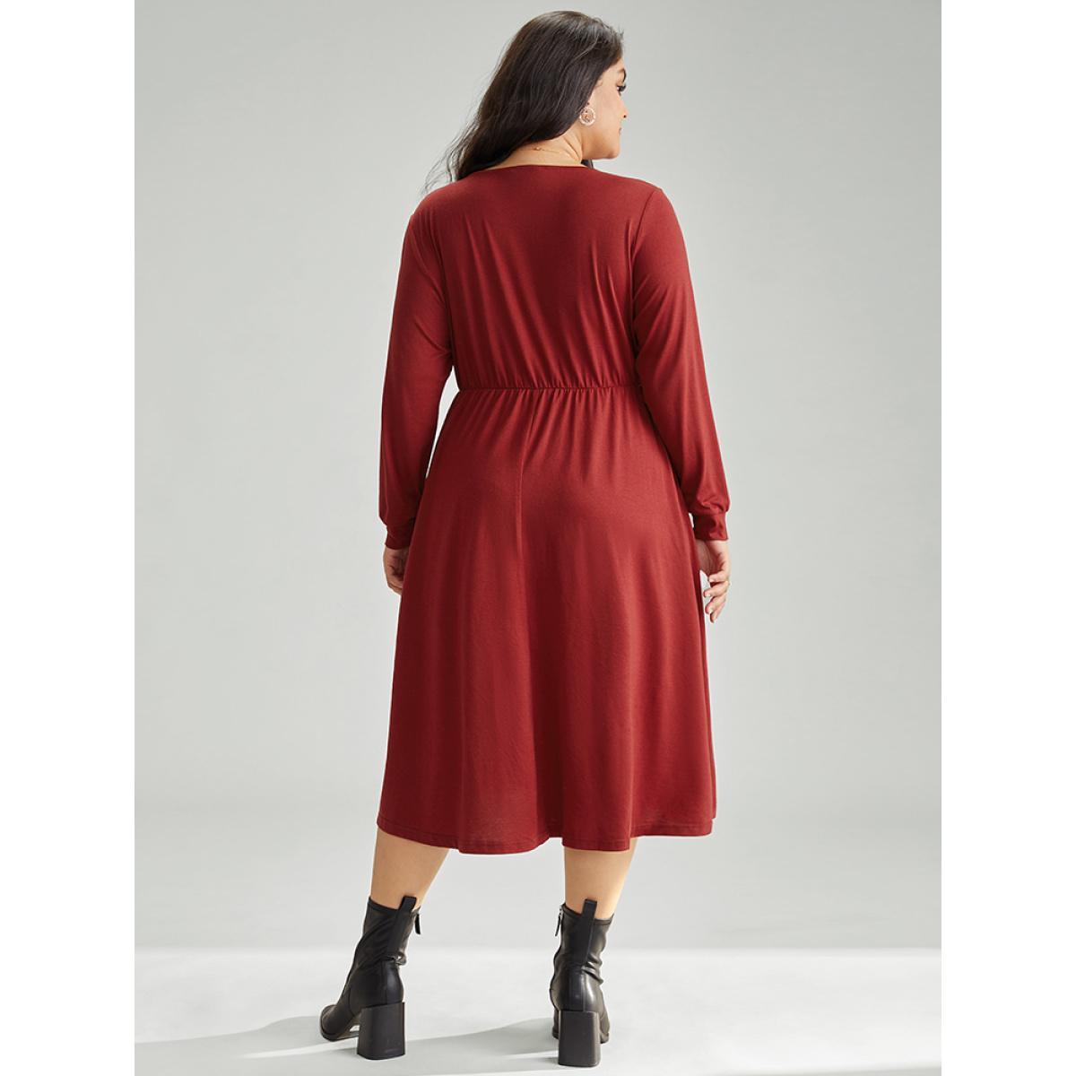 Plus Size Christmas Plaid Patchwork Elastic Waist Gathered Dress Scarlet Women Casual Printed Square Neck Long Sleeve Curvy Midi Dress BloomChic 14-16/1X Product Image