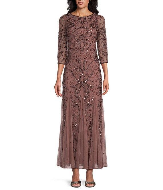 Pisarro Nights Beaded Sequin Boat Neck Illusion 3/4 Sleeve Gown Product Image