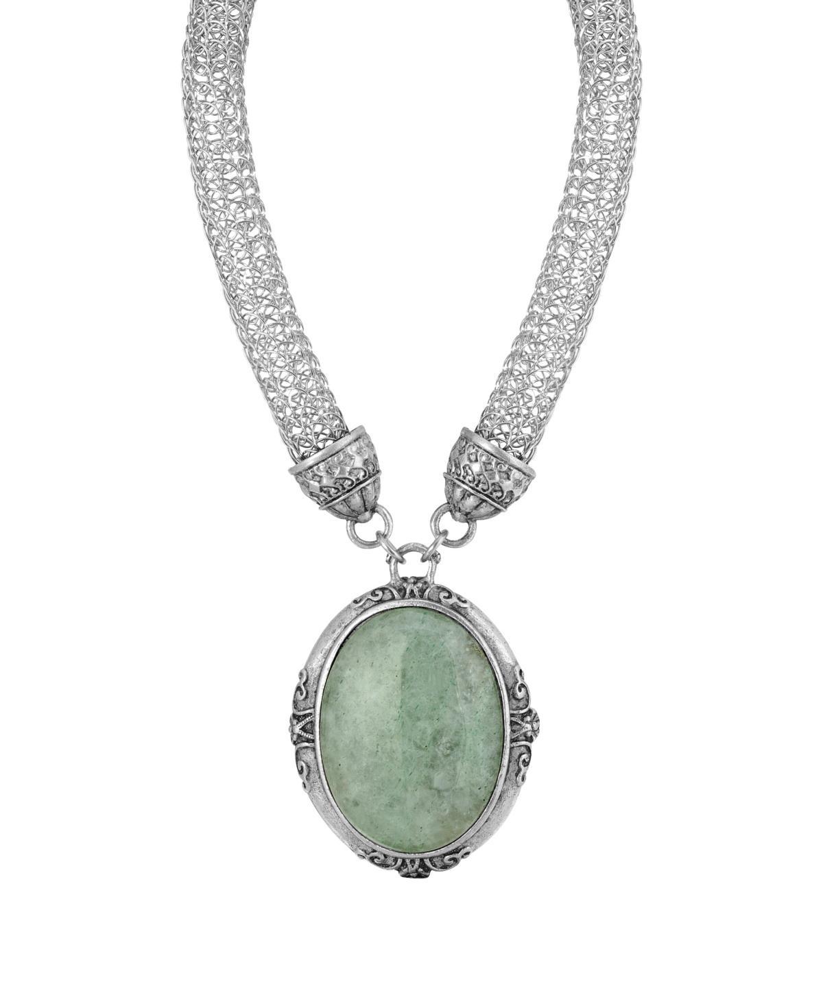 1928 Siver Tone Oval Green Pendant Necklace with Mesh Chain, Womens Product Image