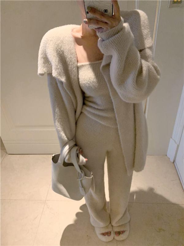 Knit Camisole Top / Buttonless Long Cardigan / Wide-Leg Knit Pants Product Image