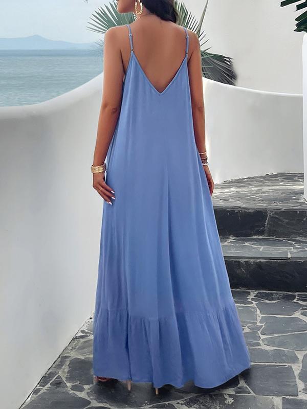 Loose Sleeveless Pleated Solid Color Split-Joint Spaghetti-Neck Maxi Dresses Product Image