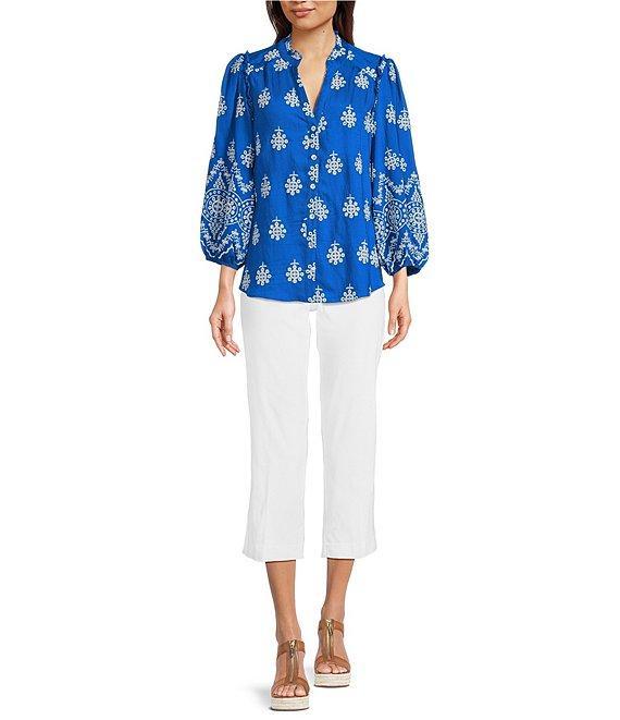 Calessa Split V-Neck Long Sleeve Embroidered Print Tunic Product Image