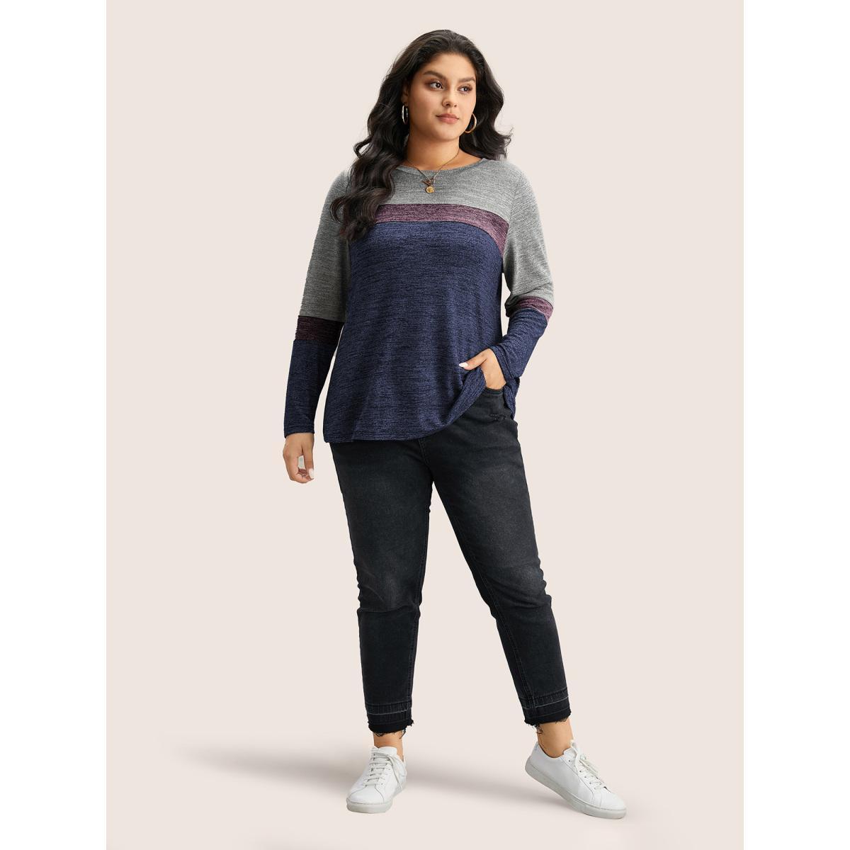 Plus Size Heather Colorblock Contrast Crew Neck T-shirt Blue Women Casual Texture Plain Round Neck Everyday T-shirts BloomChic 14-16/1X Product Image