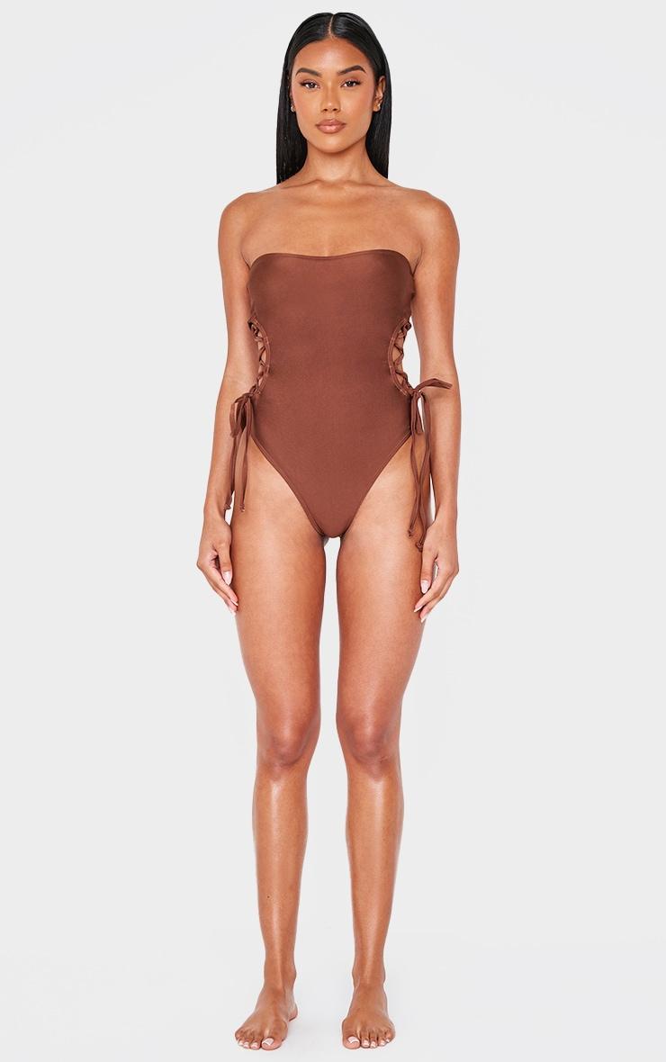 Chocolate Bandeau Lace Up Side Swimsuit Product Image