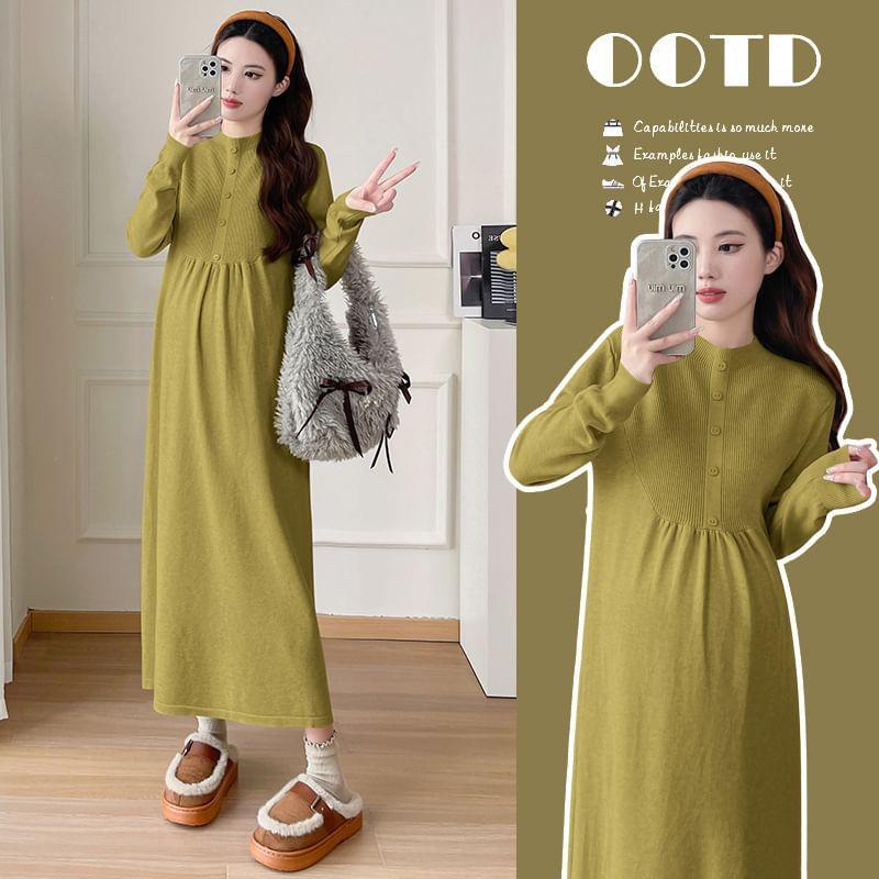 Maternity Mock Neck Plain Button Accent Ruched Midi Sweater Dress Product Image