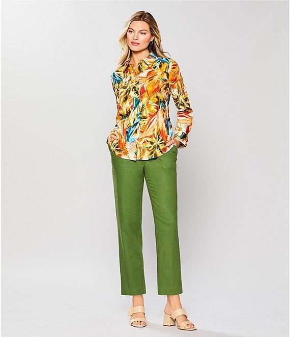 Investments Linen Blend Woven Palm Beach Multi Long Sleeve Point Collar Button Front Top Product Image