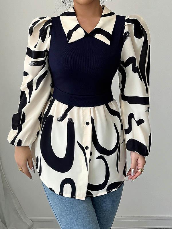 Long Sleeves Loose Buttoned Contrast Color Pleated Split-Joint Lapel Blouses&Shirts Tops Product Image