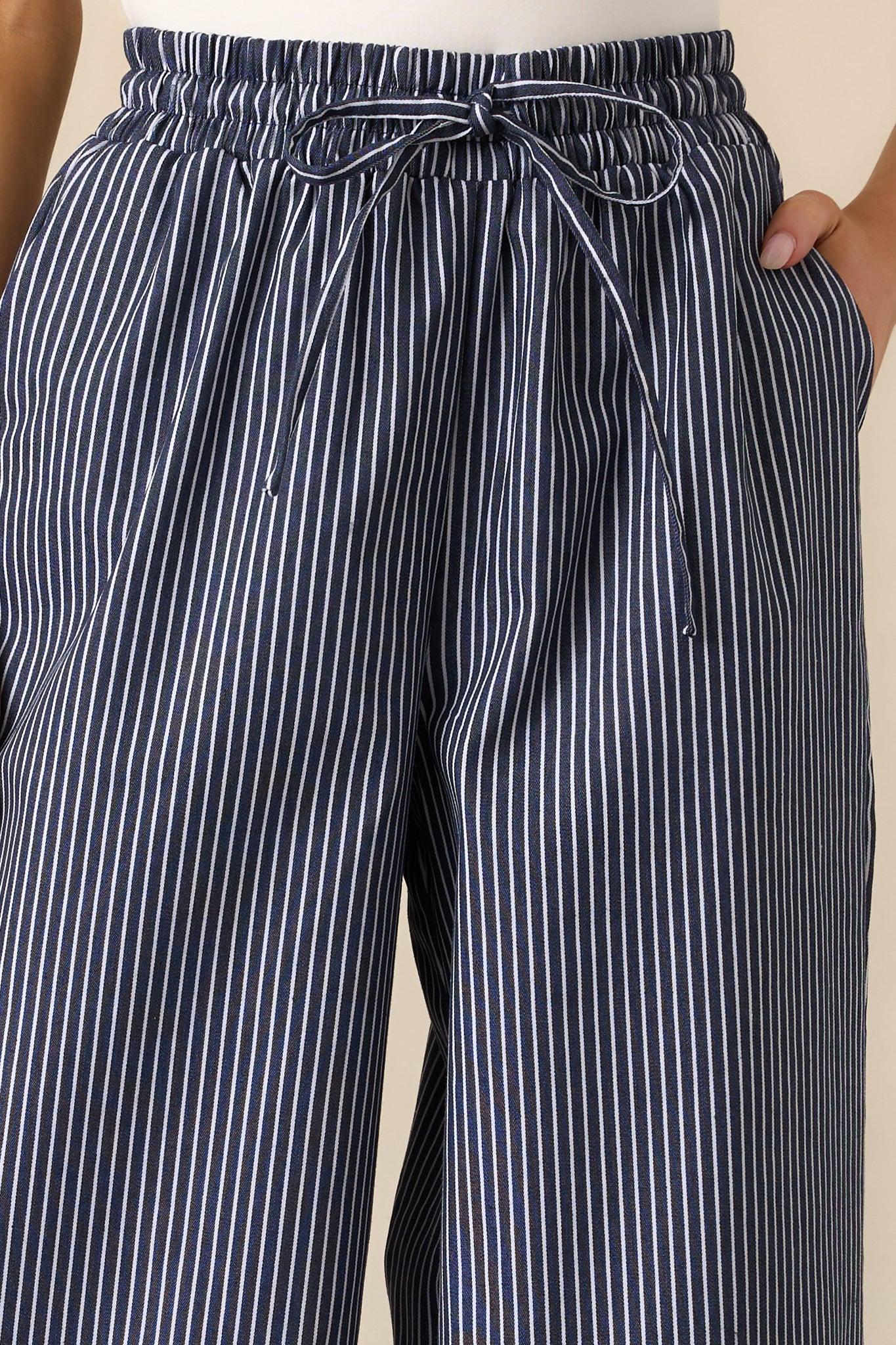Stay For A While Navy Stripe Drawstring Pants Product Image