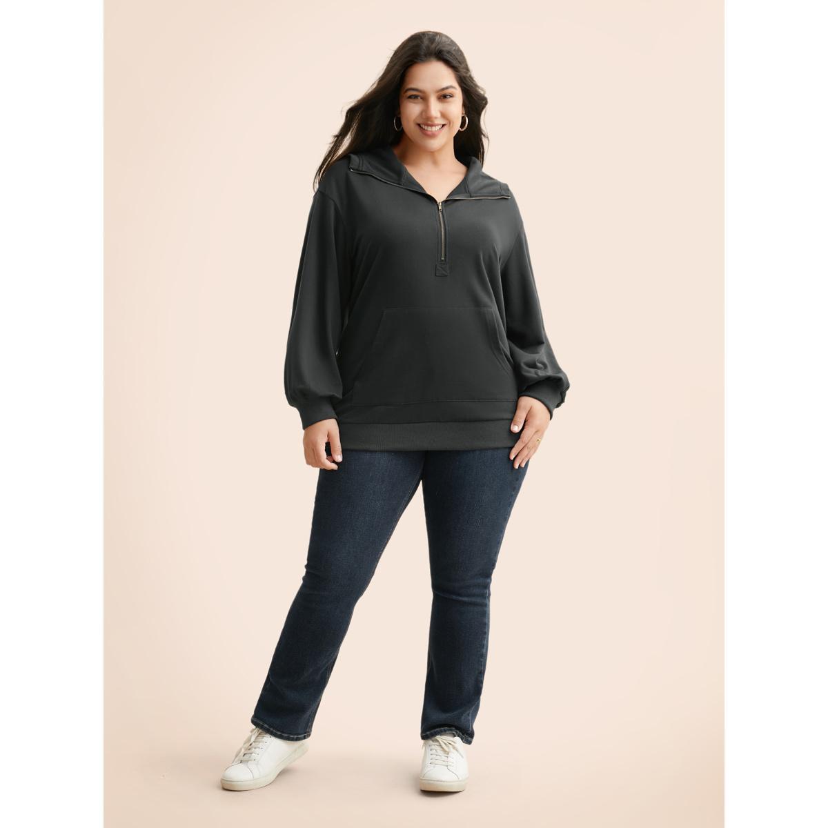 Plus Size Half Zip Hooded Pocket Sweatshirt Women DimGray Casual Patchwork Hooded Everyday Sweatshirts BloomChic 18-20/2X Product Image