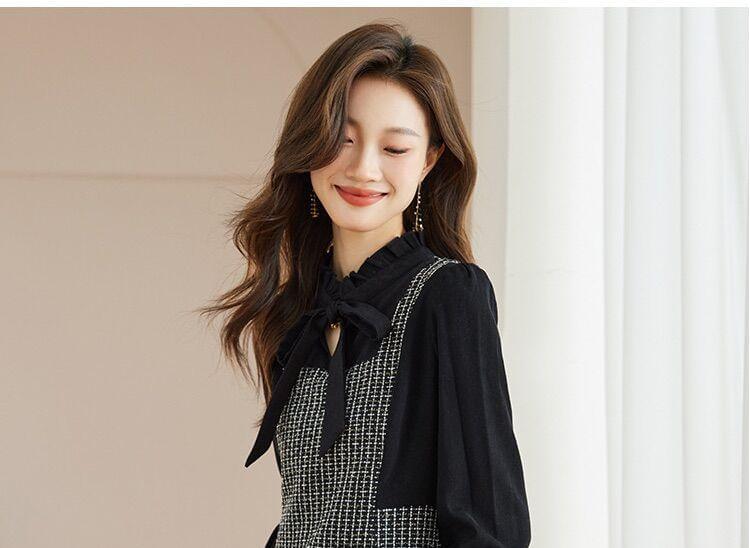 Mock Two-Piece Long-Sleeve Tie-Neck Plaid Panel Sheath Dress Product Image