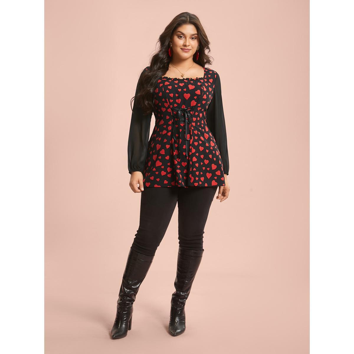 Plus Size Black Heart Print Patchwork Waist-Tie Blouse Women Romantic Extra Long Sleeve Square Neck Elegant Blouses BloomChic 14-16/1X Product Image