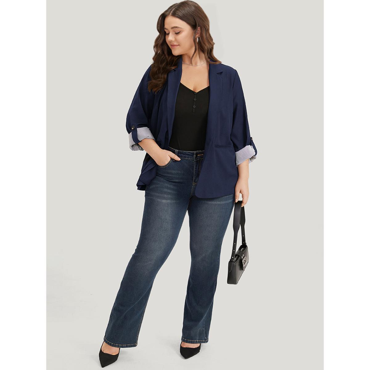 Plus Size Contrast Suit Collar Button Up Pocket Tab Sleeve Blazer Indigo Women Work Plain Contrast Sleeve Long Sleeve Lapel Collar 14-16/1X Pocket Office Blazers BloomChic Product Image