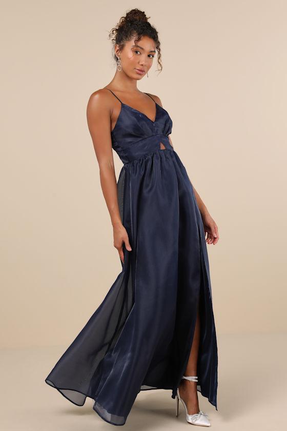 Authentic Glamour Navy Organza Sleeveless Cutout Maxi Dress Product Image