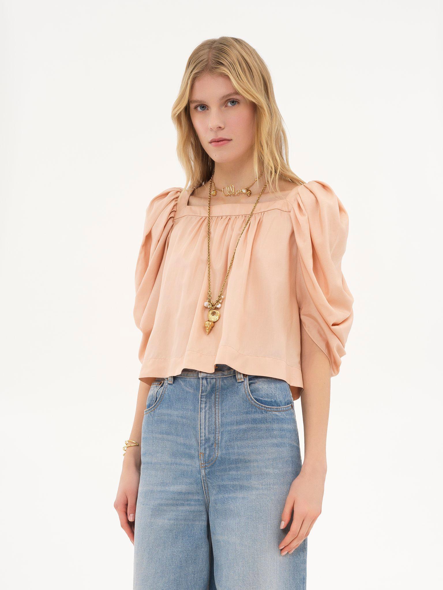 Puff-sleeve pleated top in silk poplin Product Image