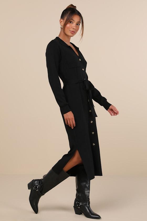 Charming Comfort Black Collared Button-Up Sweater Dress Product Image