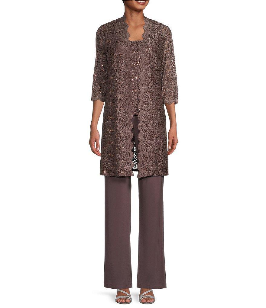 R & M Richards Petite Size Scalloped Glitter Lace Duster Stretch 3-Piece Pant Set Product Image