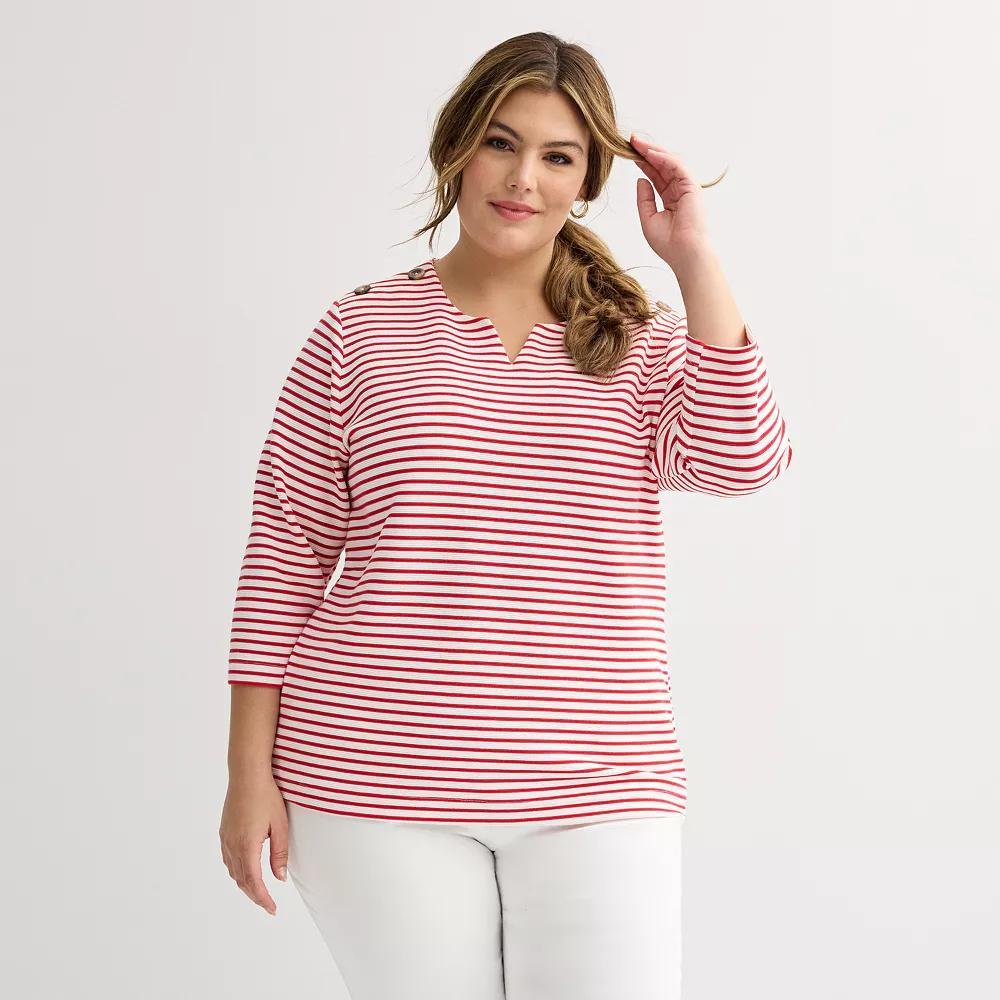 Plus Size Croft & Barrow® Button Shoulder Split Neck Top, Women's, Size: 0X, Red Stripe Product Image