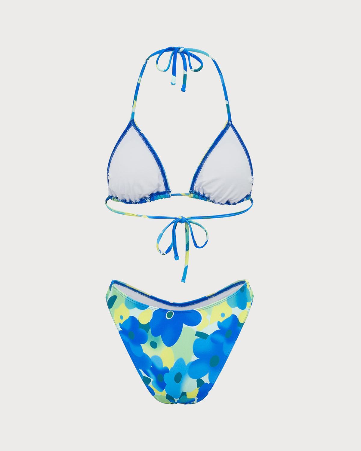 Blue Knitted Colorful Floral Bikini Set Product Image